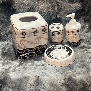 Painted Ceramic Bath Accessory Set in White, Black & Beige